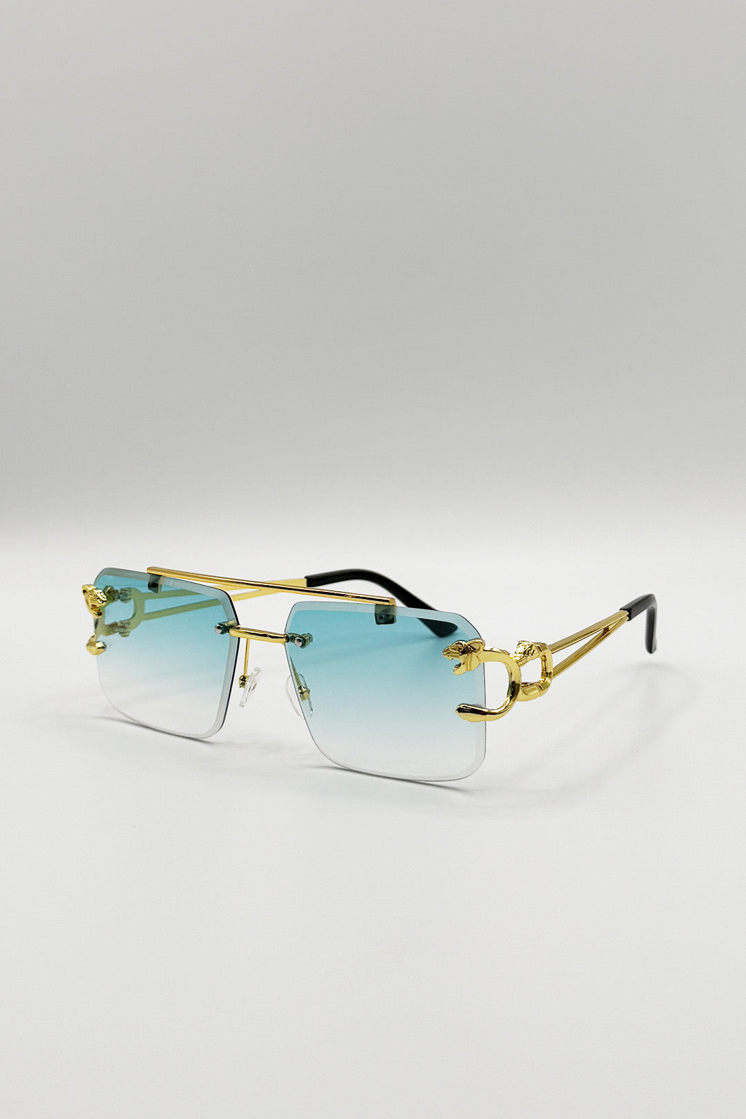 Blue SVNX Blue Rimeless Navigator With Side Detail Sunglasses In Blue, Image 3 of 5