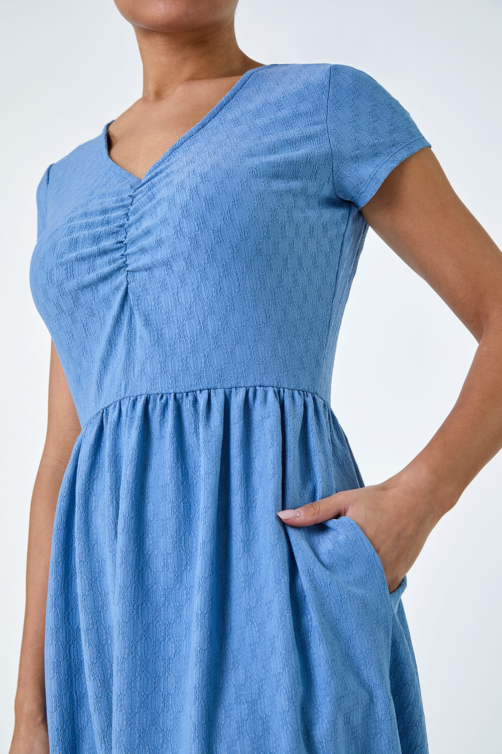 Light Blue Textured Ruched Stretch Jersey Dress, Image 6 of 5