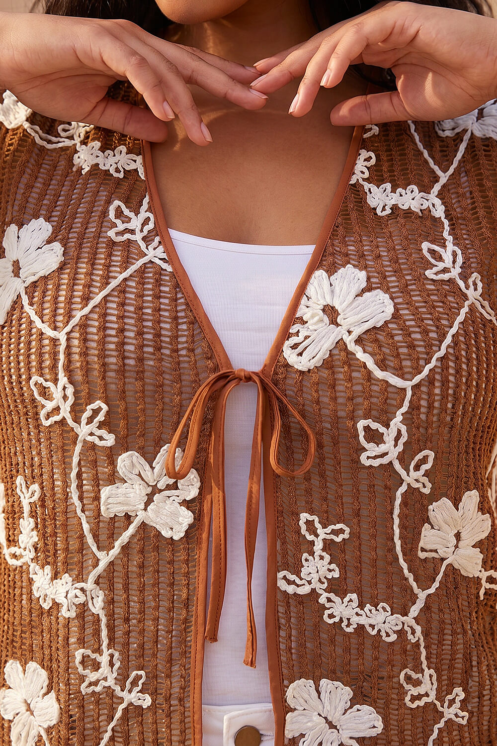 Chocolate Curve Textured Tie Front Waistcoat, Image 5 of 4