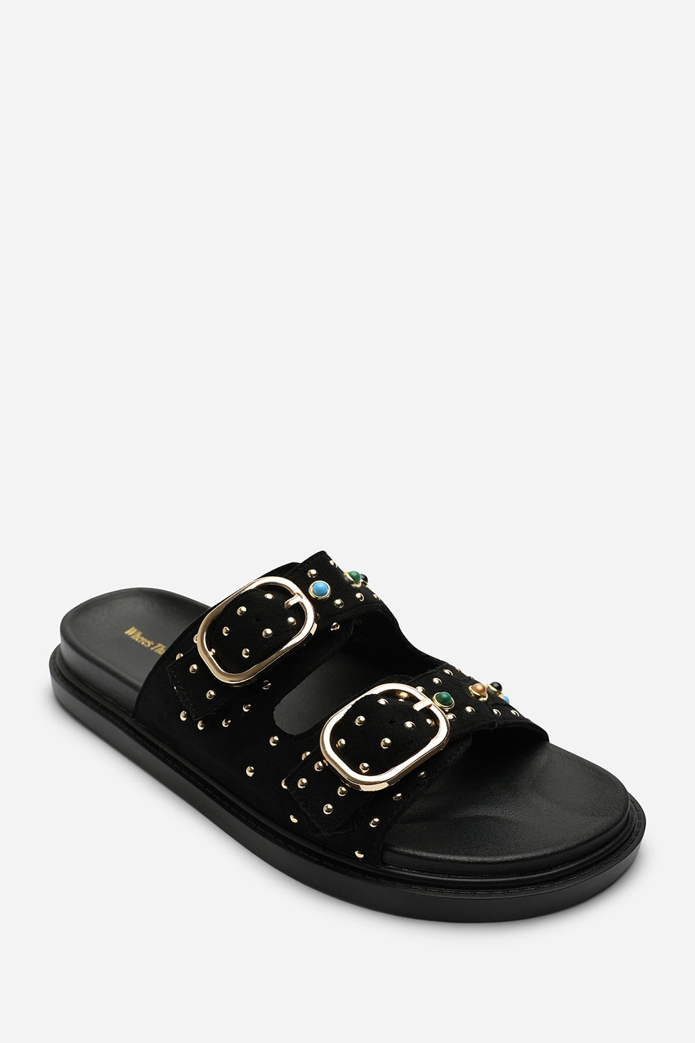 Black Ceylon Diamante Stud Double Buckle Slide On Sandal, Image 3 of 6