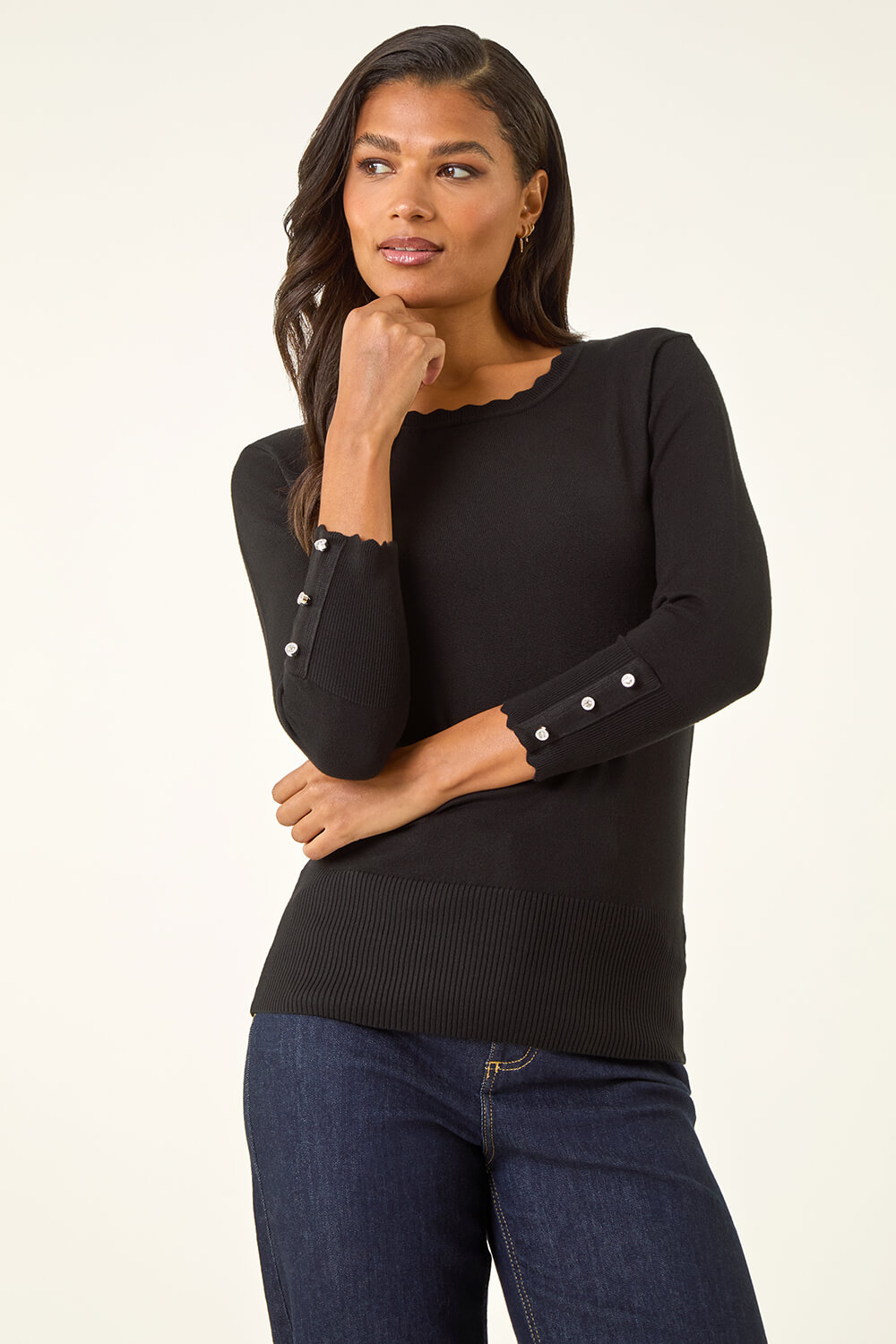 Black Sparkly Diamante Button Scallop Edge Jumper, Image 5 of 5