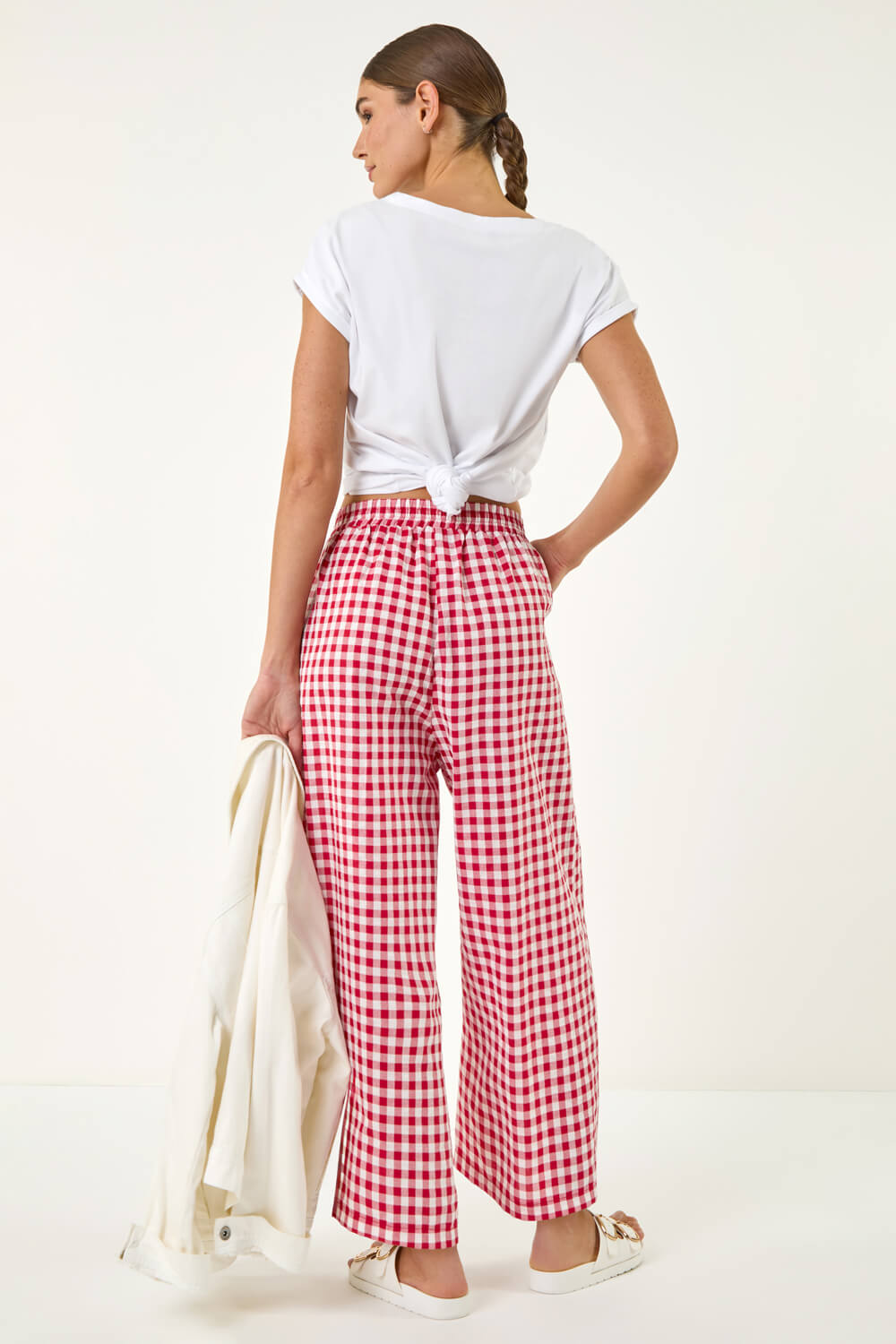Red Gingham Tie Waist Cropped Trouser , Image 3 of 6