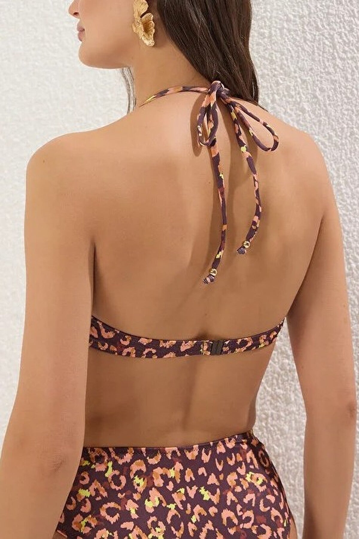 Multi WOVCOR Multi Leopard Print V Wire Padded Balconette Bikini Top with Halterneck, Image 5 of 5