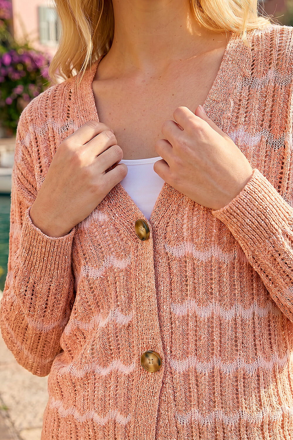 Peach Stitch Detail Button Through Knit Cardigan, Image 5 of 4
