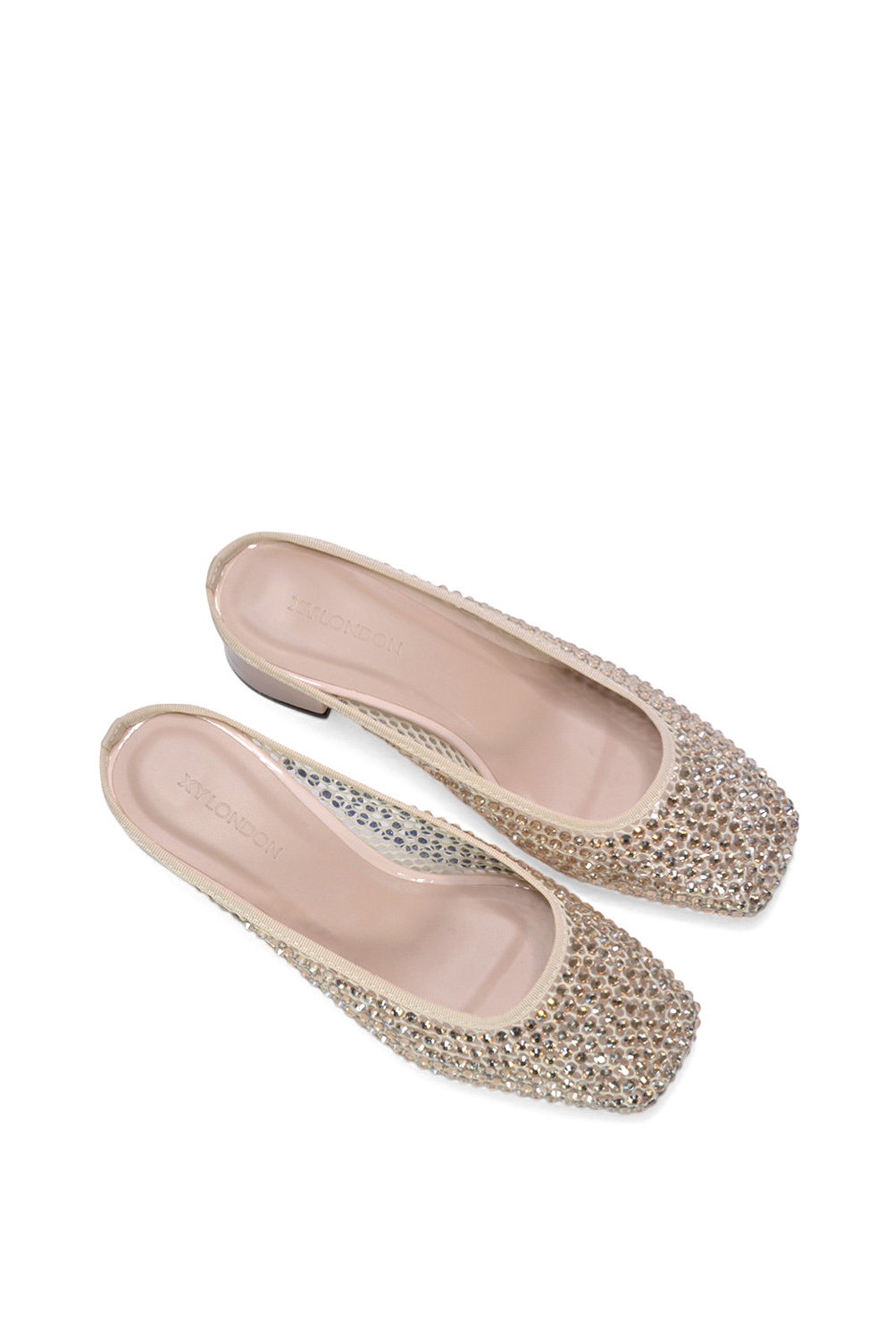 Beige XY LONDON Beige 'Brooklyn' Square Toe Court Shoe Mule Block Heels With Crystal Mesh, Image 6 of 6
