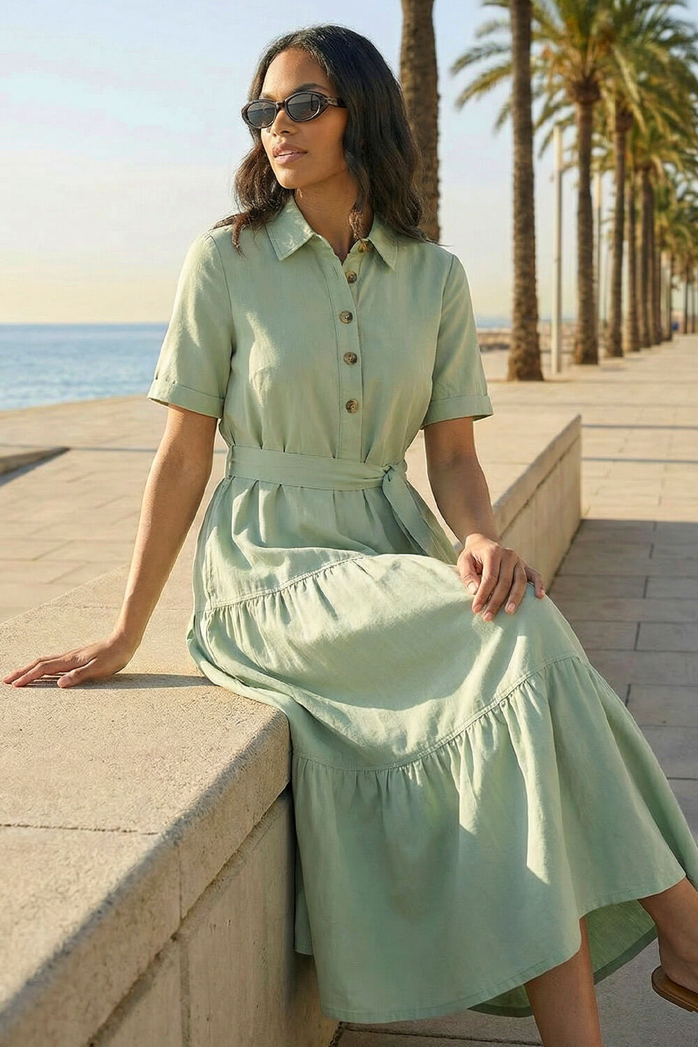 Sage Button Detail Tiered Midi Dress, Image 3 of 4