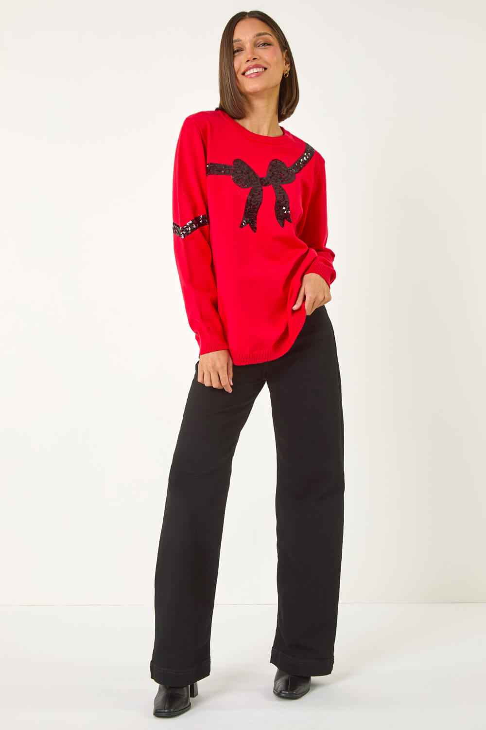 Red Bow Sequin Detail Knit Jumper, Image 3 of 5