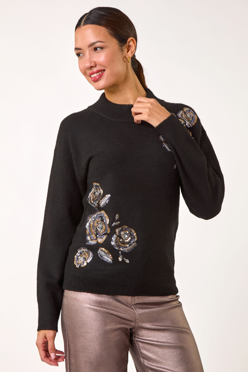 Black Floral Sequin Knit Jumper, Image 5 of 5