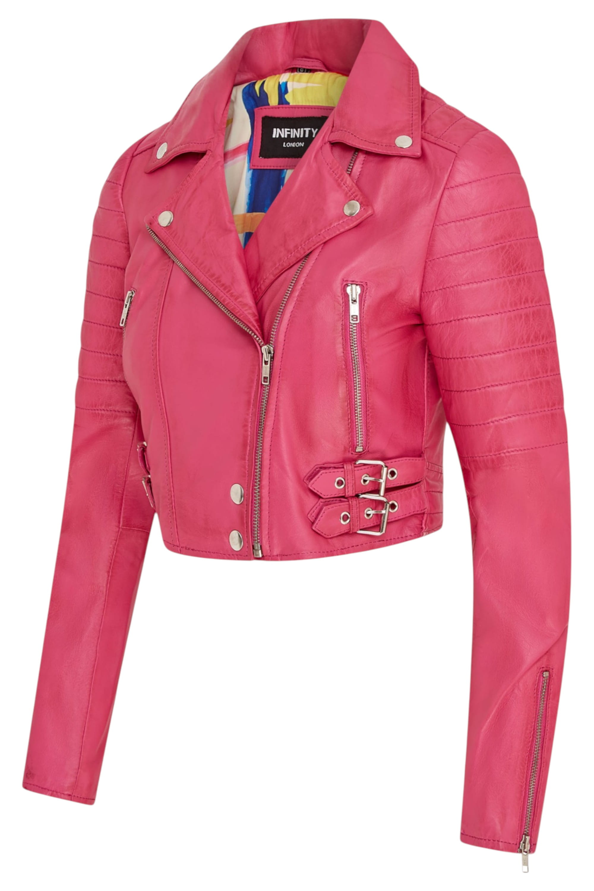 Fuchsia Infinity Leather Fuchsia Cropped Brando Leather Biker Jacket, Image 4 of 7