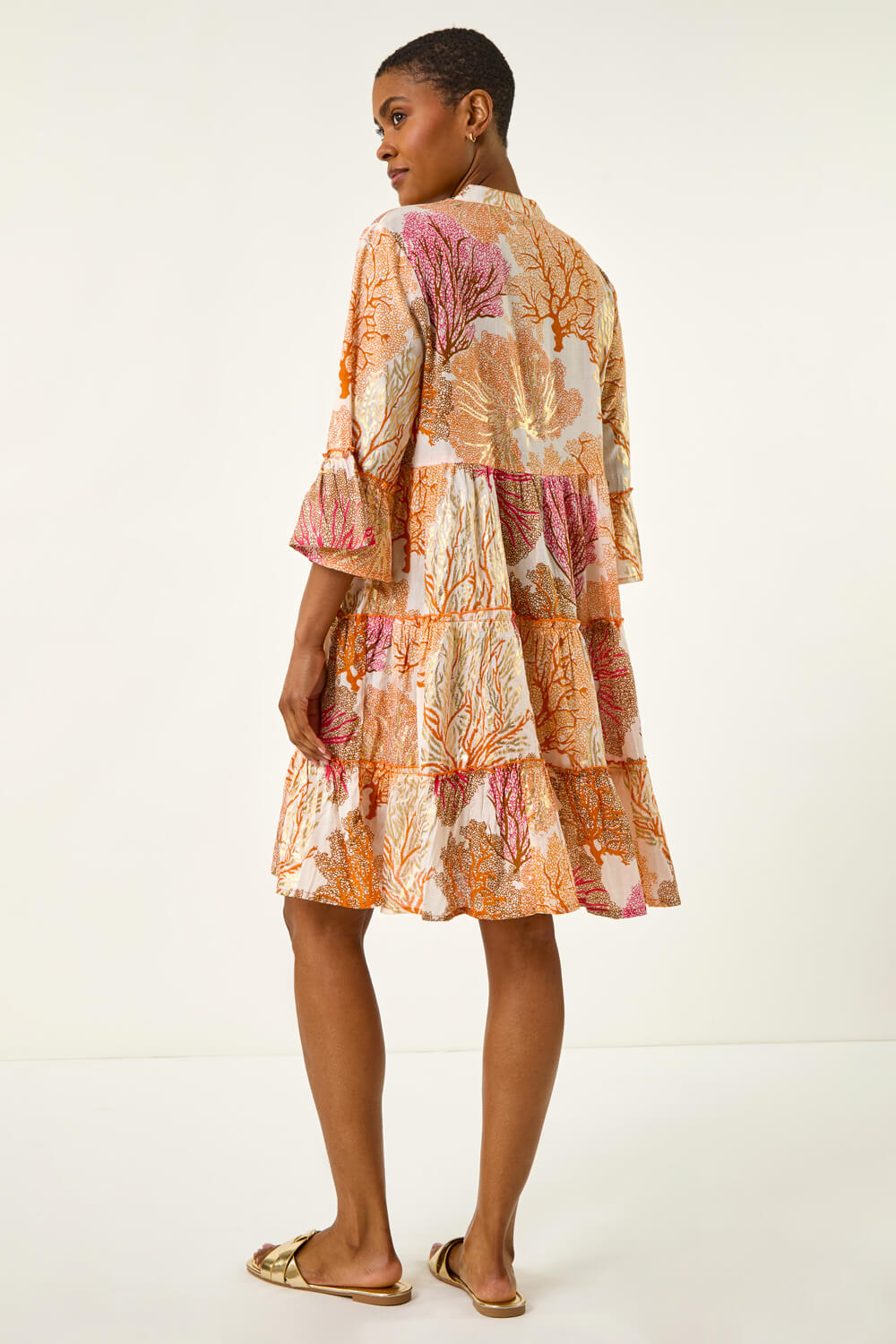 Orange Cotton Printed Frill Smock Dress, Image 4 of 5