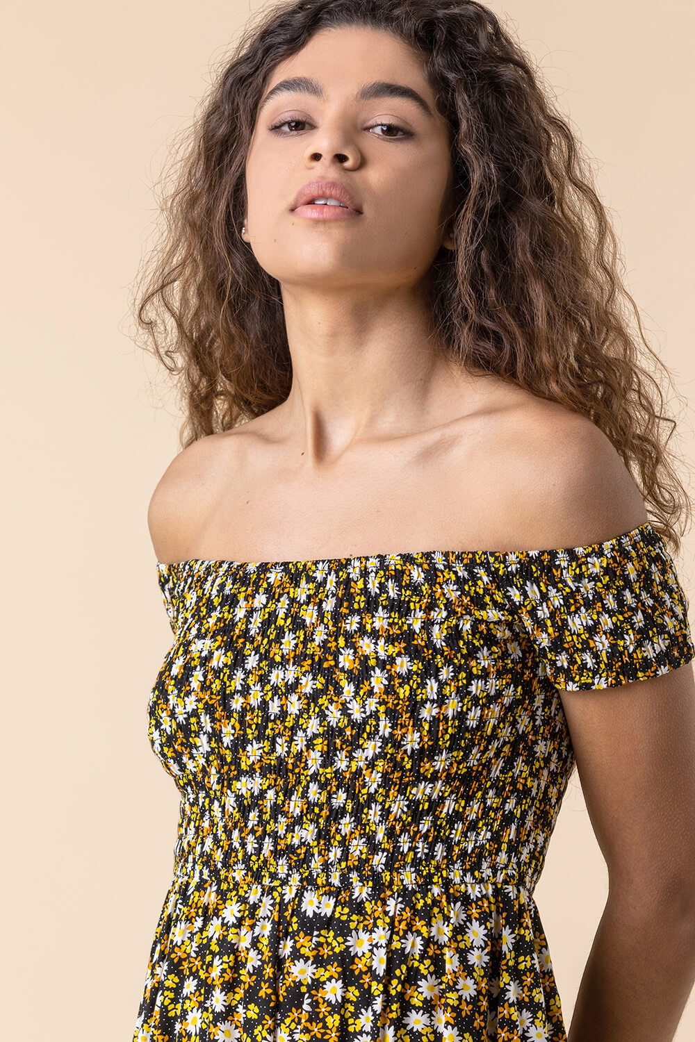 Flower Print Shirred Bodice Bardot Dress