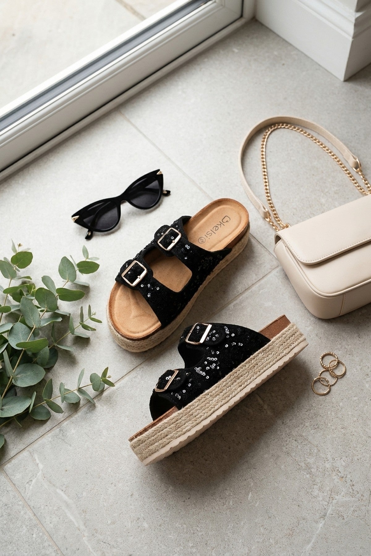 Black Isla Womens Sequin Platform Espadrille Sandals, Image 3 of 8