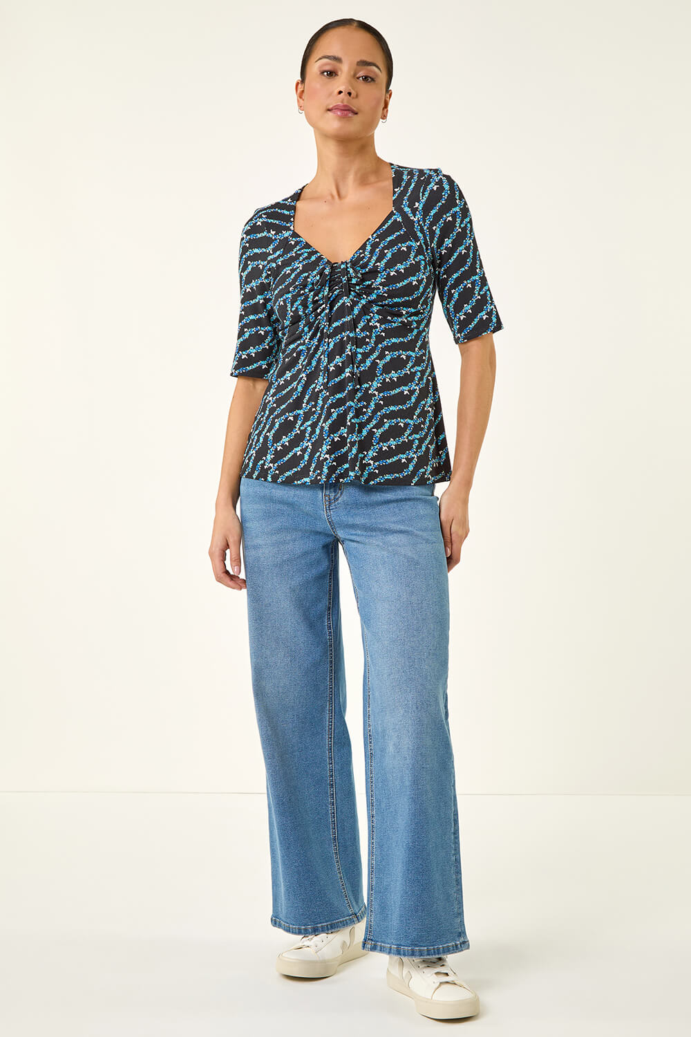 Navy Petite Abstract Print Drawstring Top, Image 3 of 5