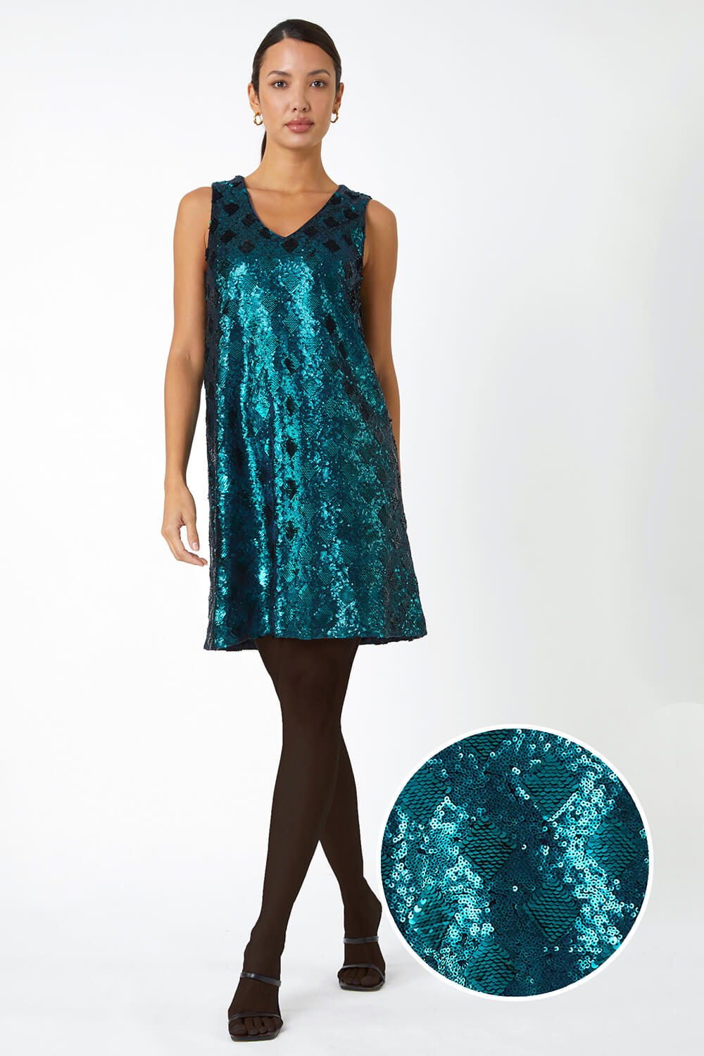Emerald Sequin Diamond Print Swing Stretch Dress, Image 1 of 5