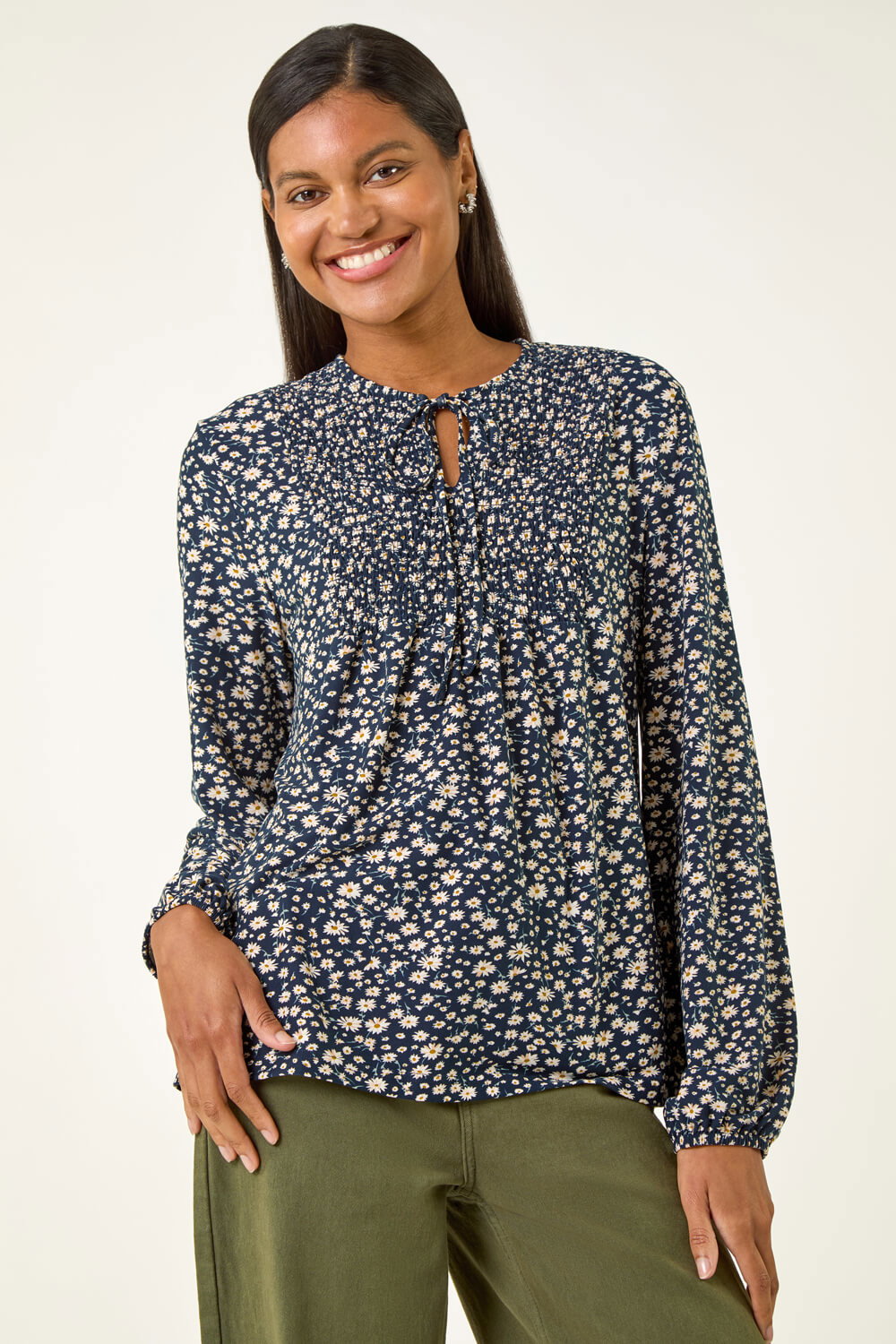 Navy Printed Shirred Tie Neck Top, Image 5 of 5