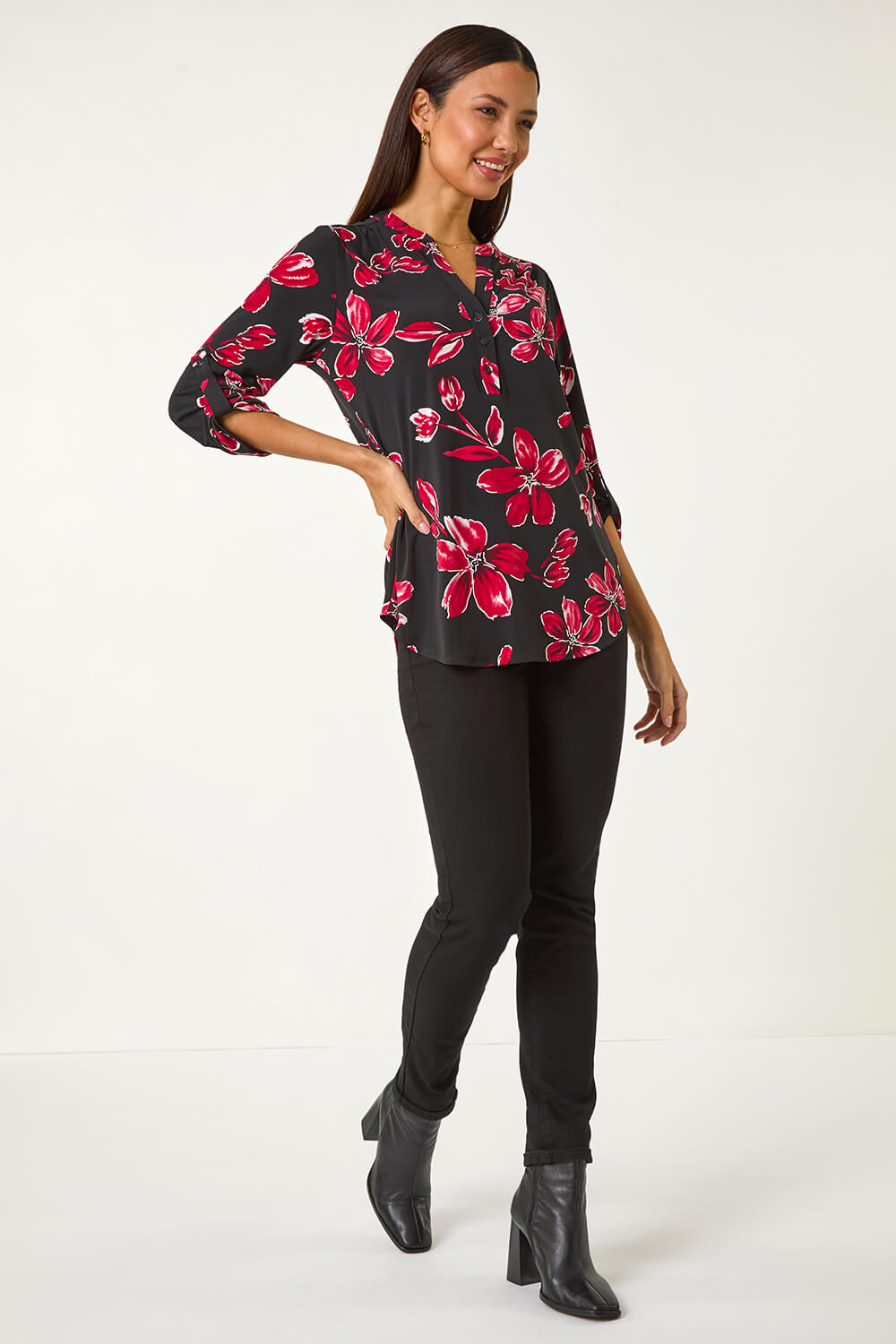 Red Textured Floral Print V-Neck Stretch Shirt, Image 4 of 5