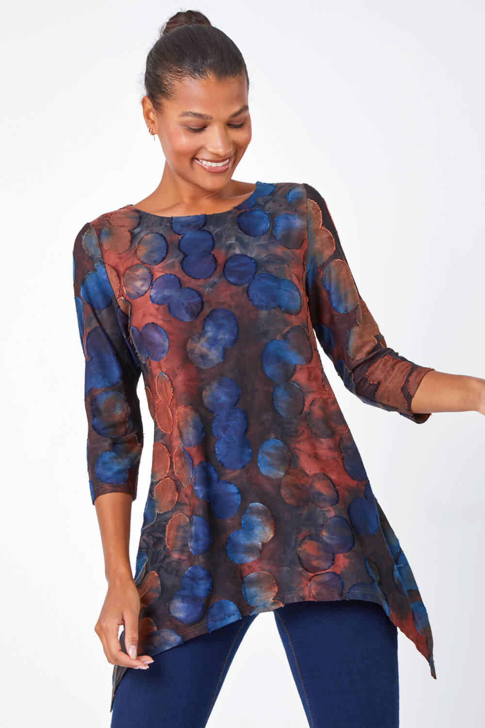 Red Cotton Blend Spot Print Stretch Top, Image 1 of 5