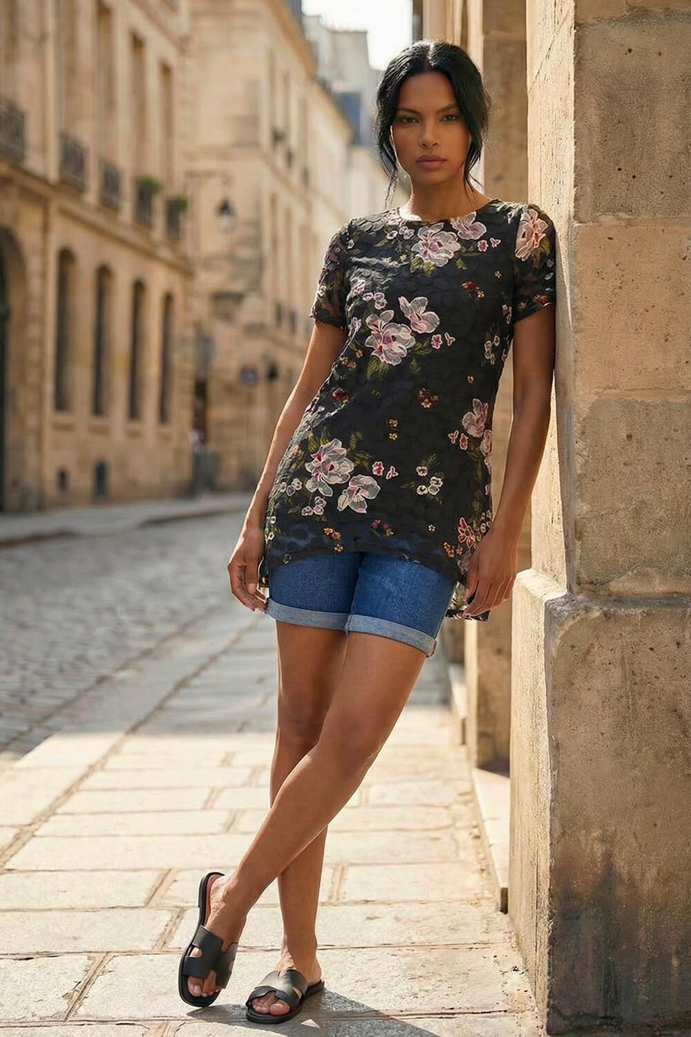 Black Floral Print Lace Stretch Top, Image 3 of 4