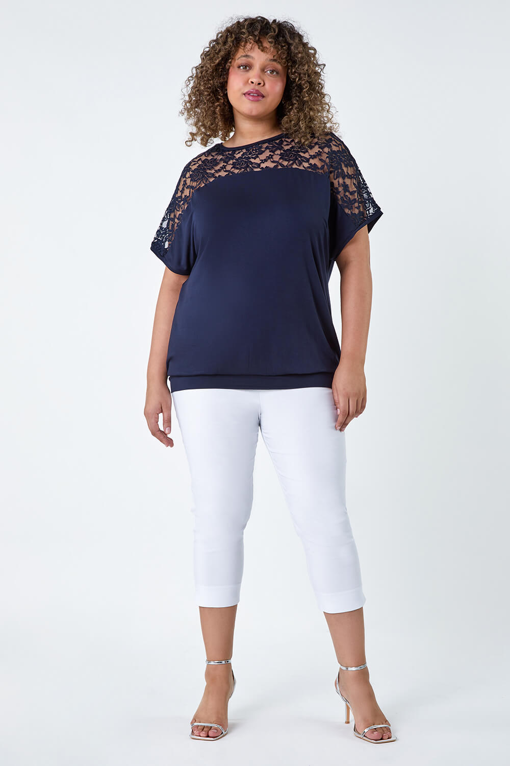 Navy Curve Lace Yoke Stretch Bubble Hem Top, Image 5 of 5