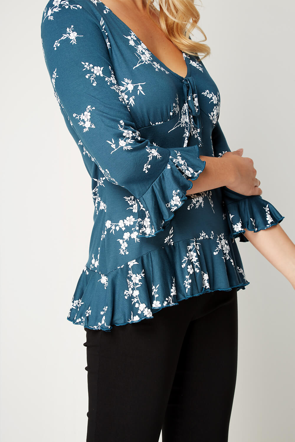 Teal Ditsy Floral Print Top, Image 1 of 4