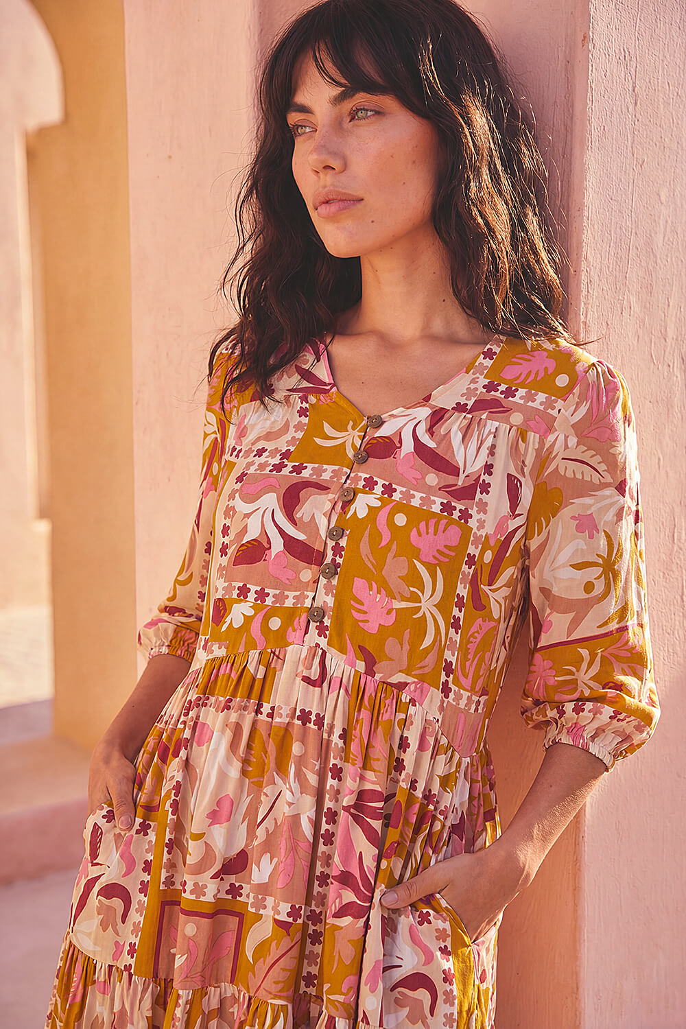 Amber Patchwork Smock V-Neck Dress, Image 5 of 4