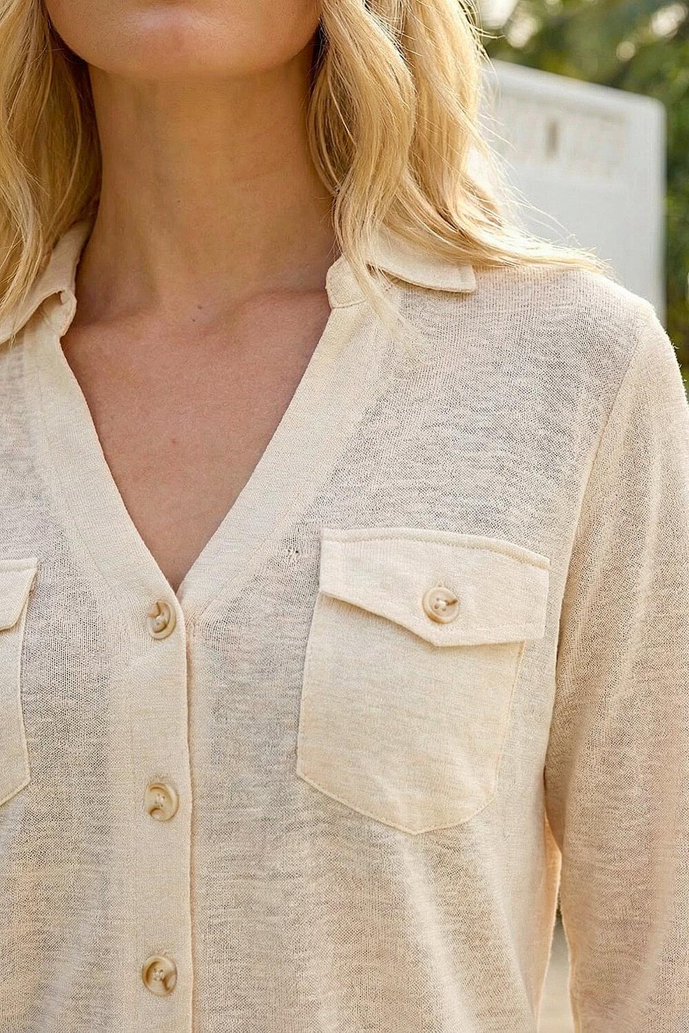 Cream Pocket Front Stretch Blouse, Image 5 of 4
