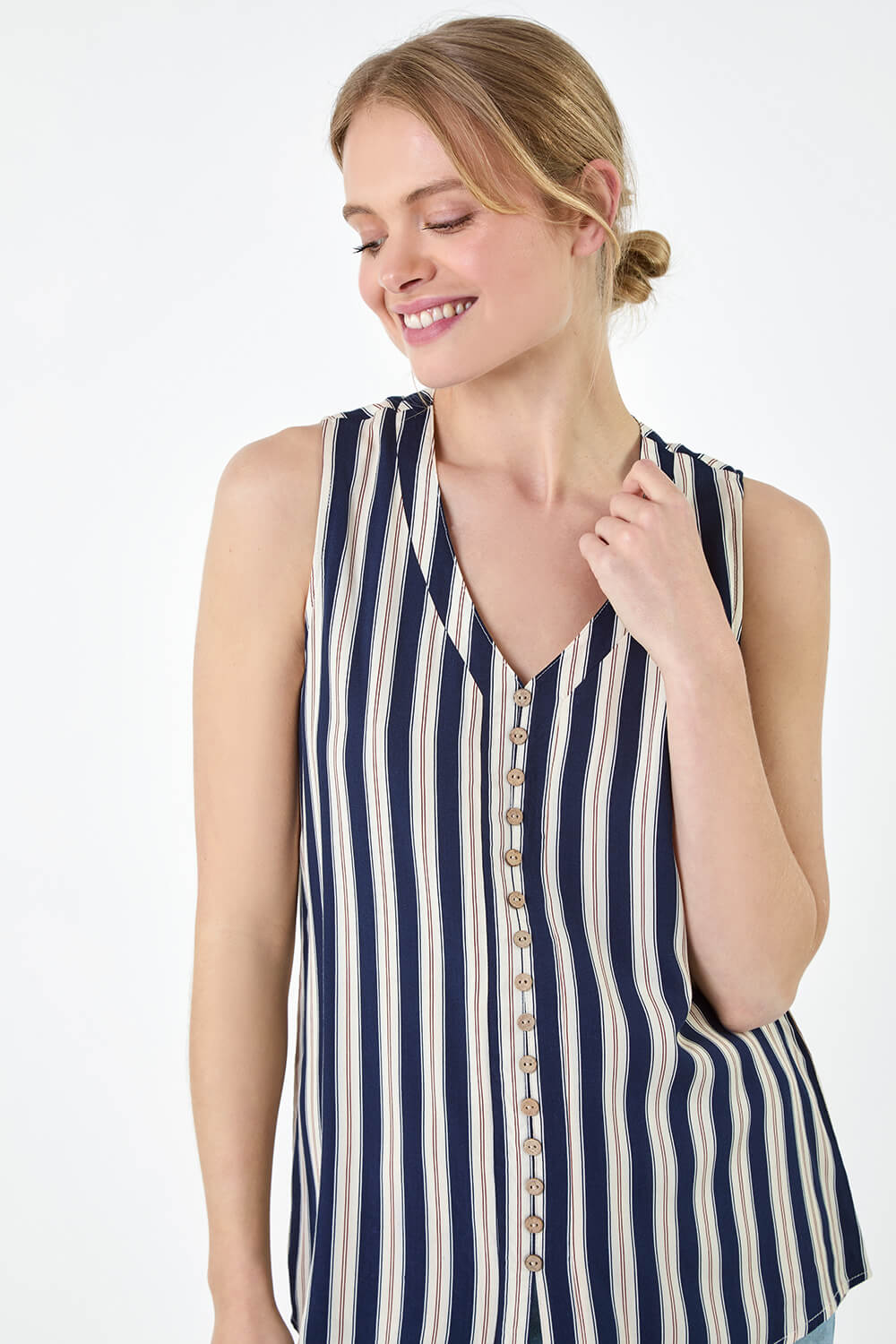 Navy Stripe Print Button Detail Vest Top, Image 5 of 7
