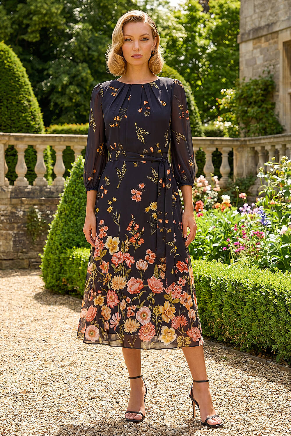 Black Border Print Pleated Midi Dress, Image 1 of 4