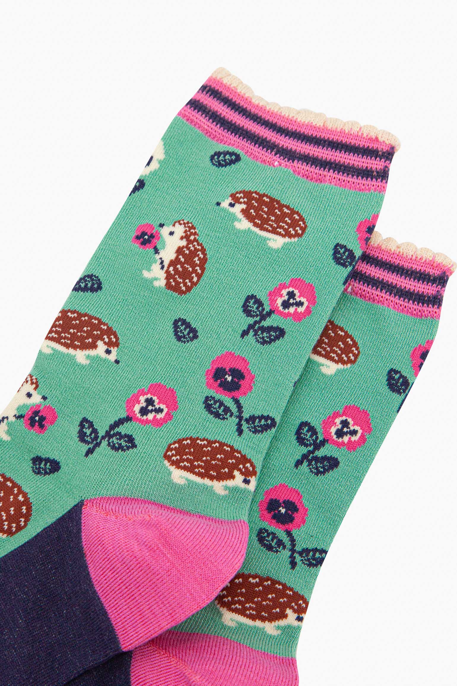 Mint Hedgehogs And Pansies Floral Bamboo Socks - Mint, Image 3 of 4