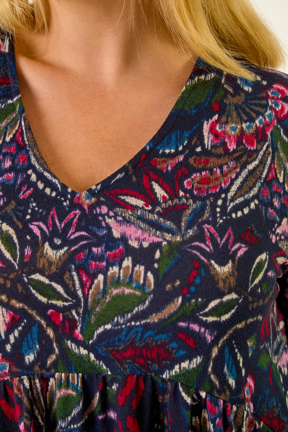 Navy  Paisley Soft Stretch V-Neck Dress, Image 6 of 5