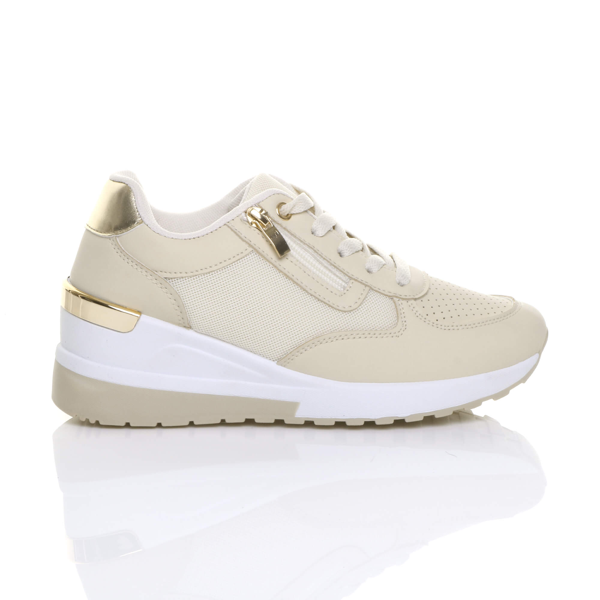 Beige Mid Wedge Heel Lace Up Gold Zip Trainers, Image 2 of 5