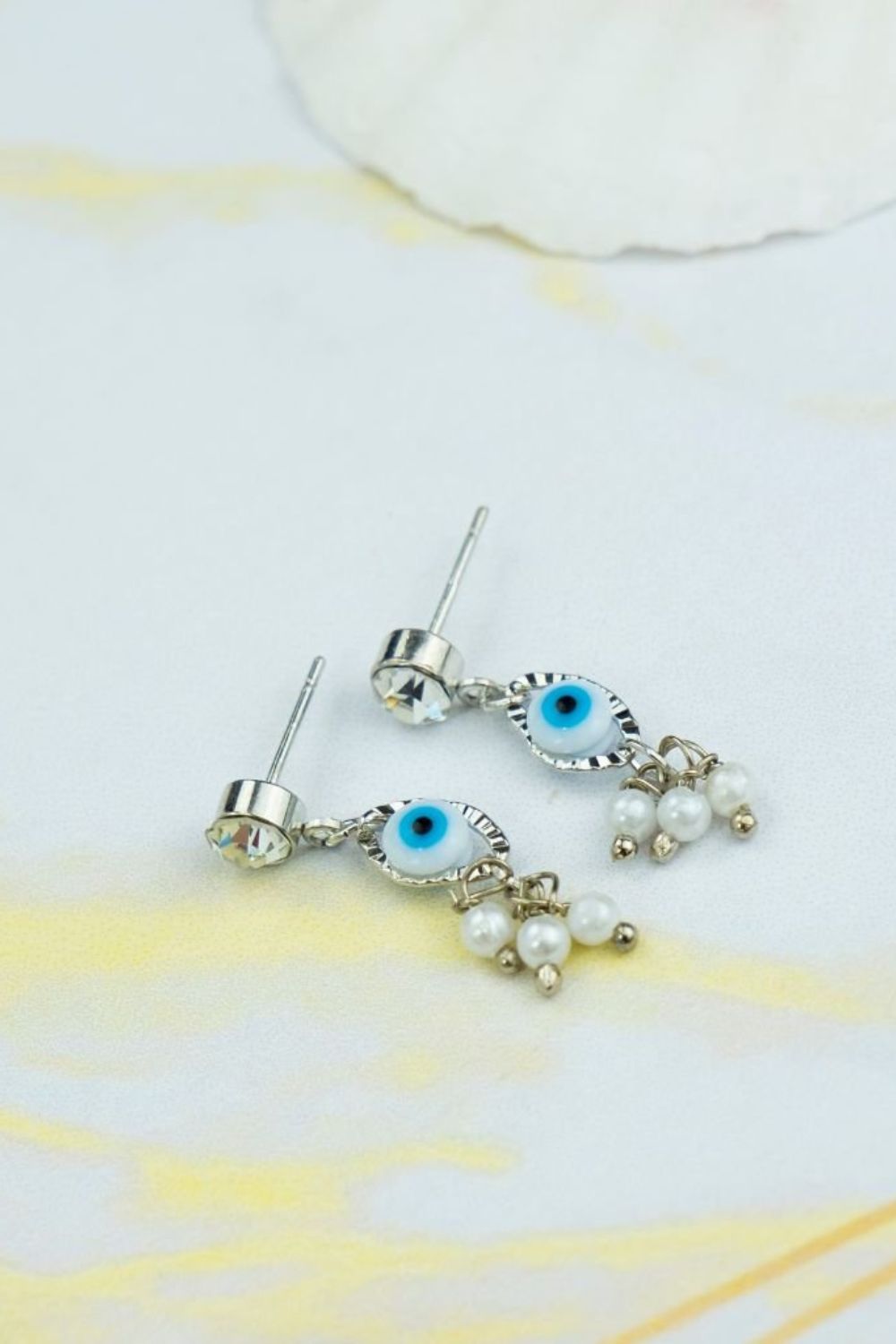 Silver The Colourful Aura Silver Tiny Pearl Zircon Evil Eye Dangle Stud Earrings, Image 2 of 2