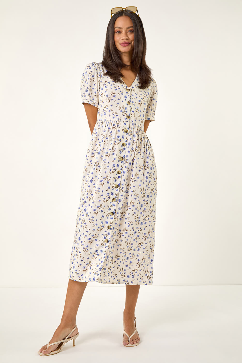 Ivory Dusk Ditsy Floral Buttoned Midi Dress, Image 3 of 5