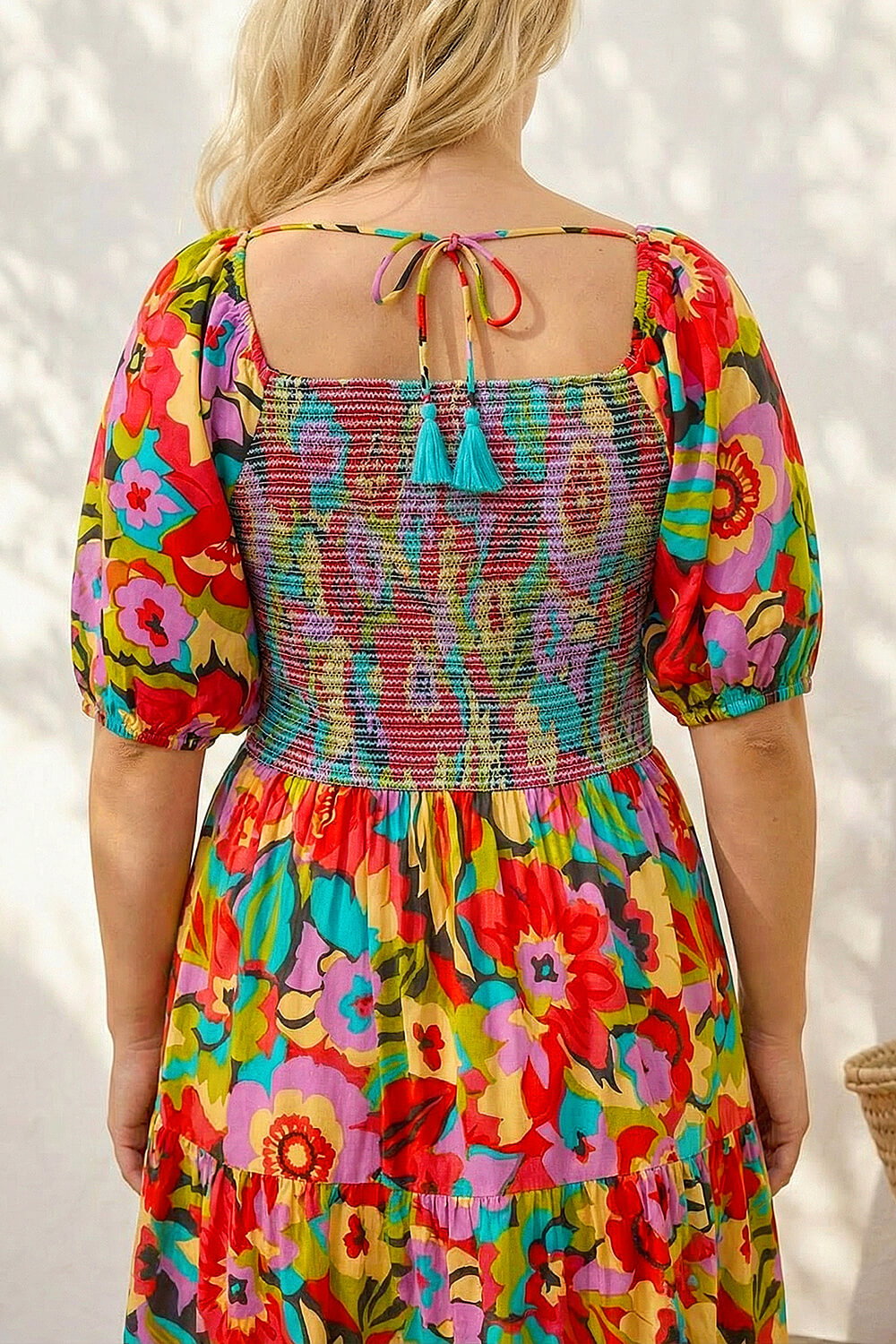 Pink Curve Floral Shirred Midi Dress, Image 5 of 4