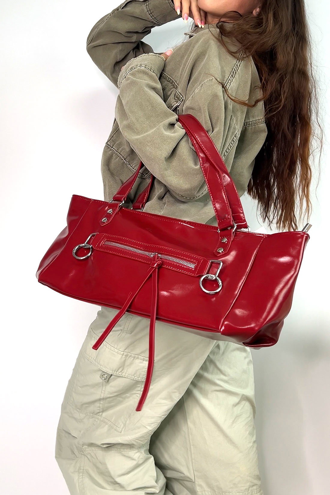 Red Large Tote Bag With Zip And Metal Hardware, Image 3 of 5