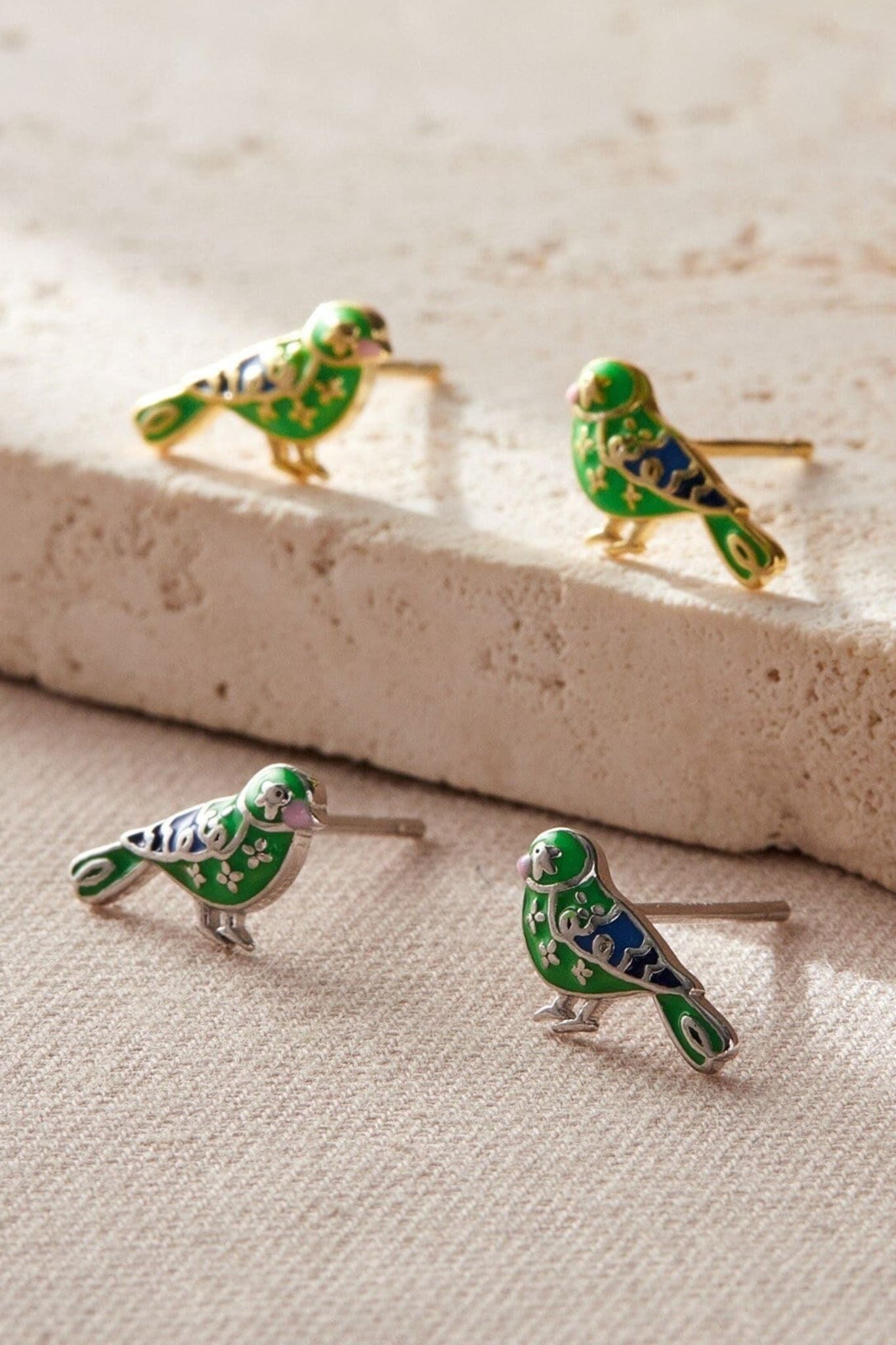 Metallic Greenfinch Birds S925 Sterling Silver Stud Earrings