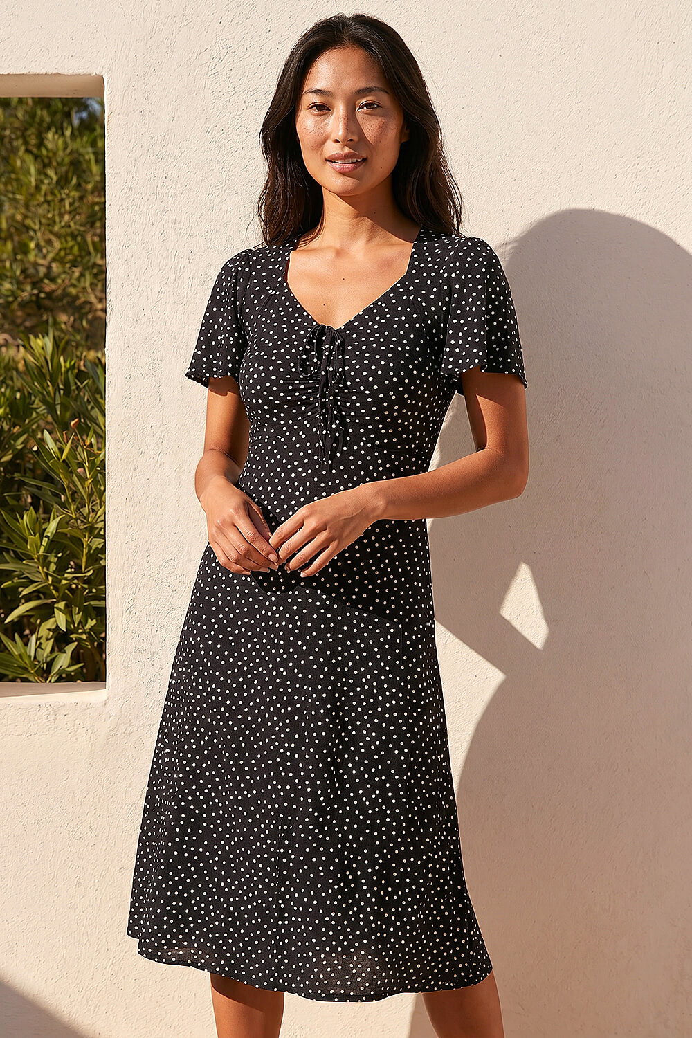 Black Petite Polka Dot Drawstring Midi Dress , Image 3 of 4