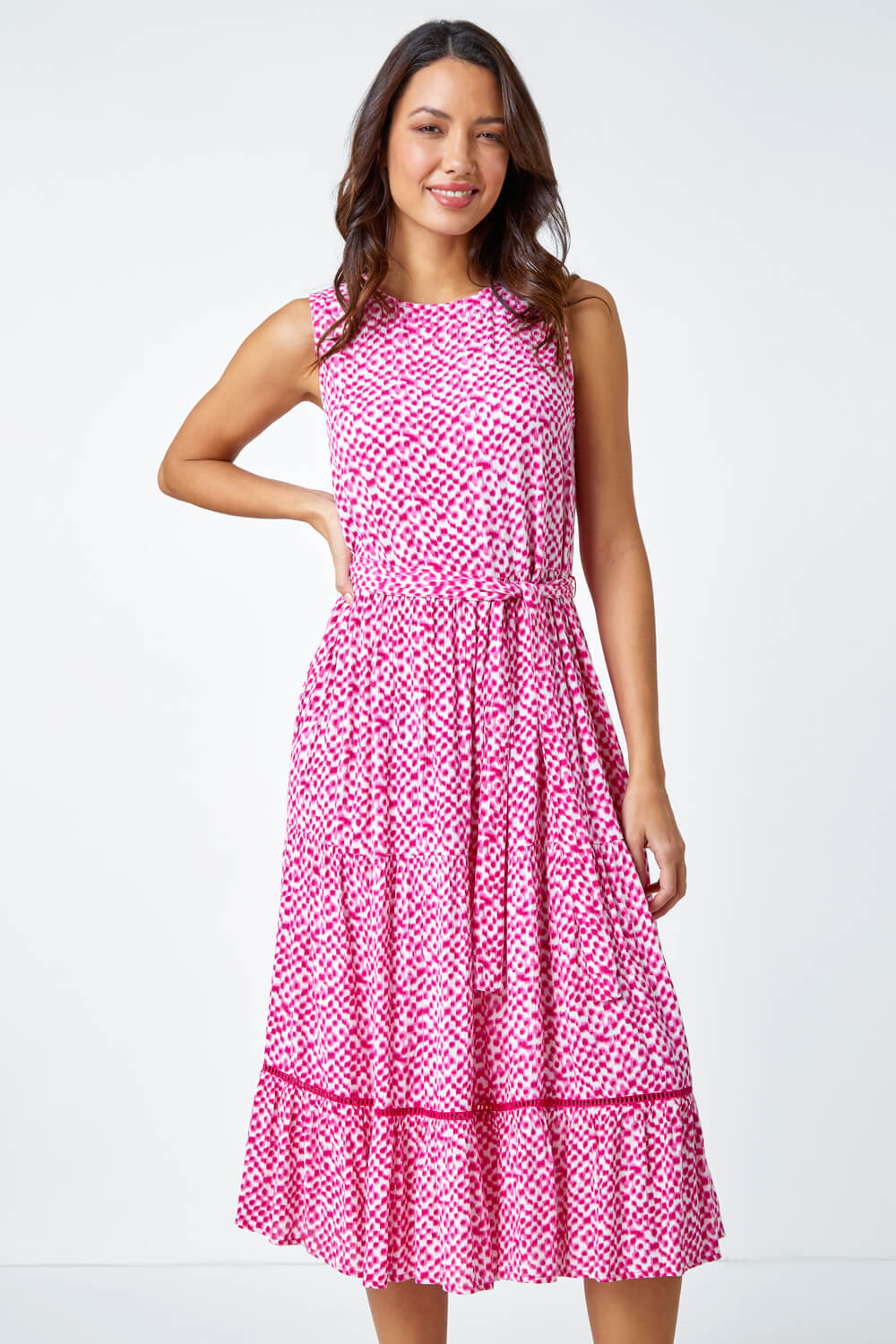 Cerise Sleeveless Spot Print Midi Dress, Image 1 of 5