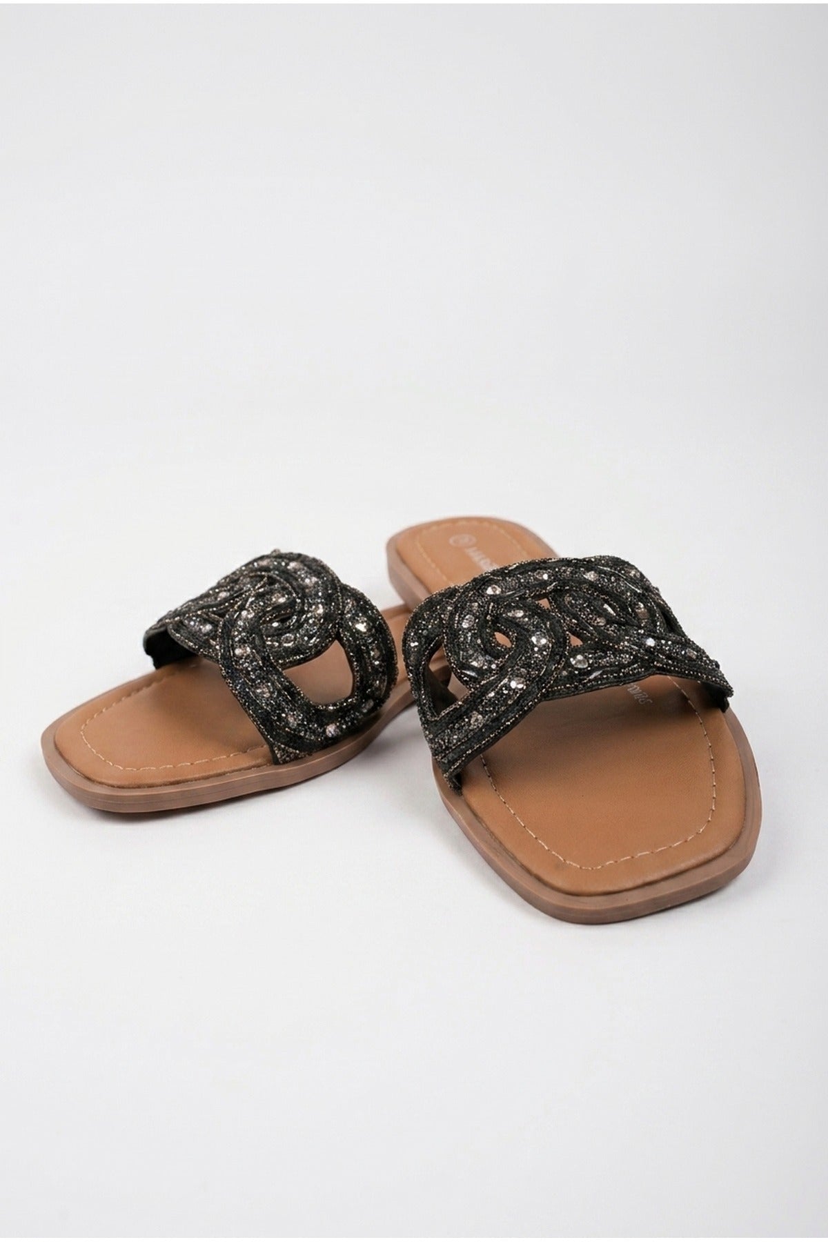 Black Maud Embellished Woven Knot Flat Sliders, Image 2 of 5