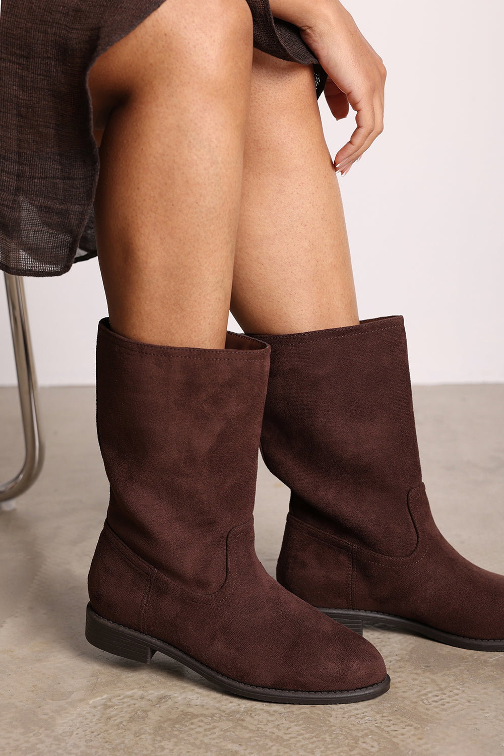 Dark Brown 'Monroe' Mid Calf Boots with Flat Sole, Image 1 of 5
