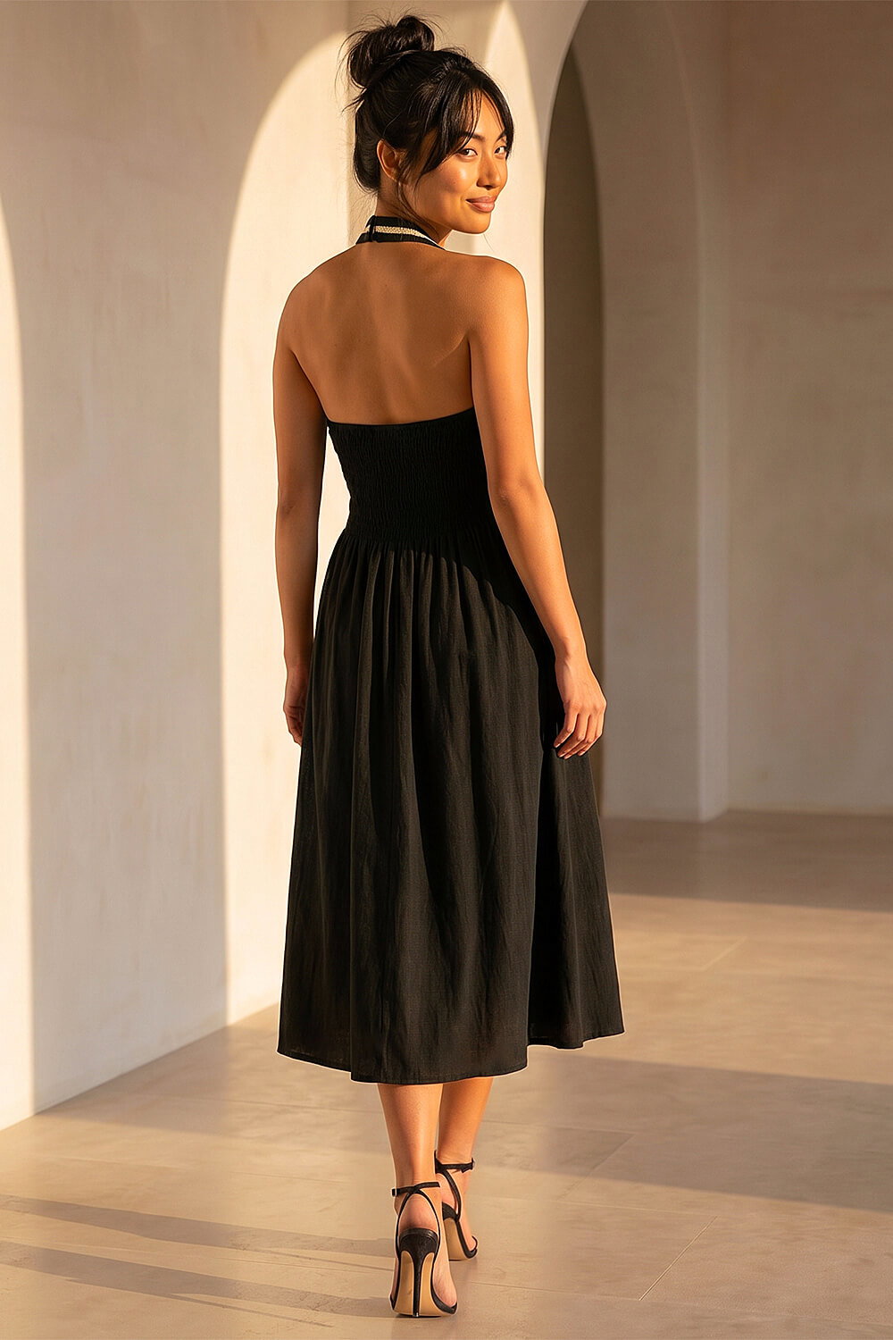 Black Petite Halter Neck Linen Blend Dress, Image 4 of 4