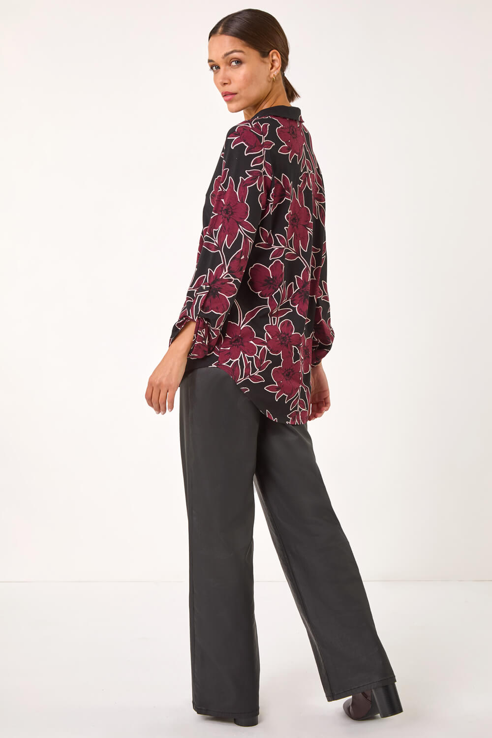 Purple Floral Print V-Neck Collar Top, Image 5 of 5