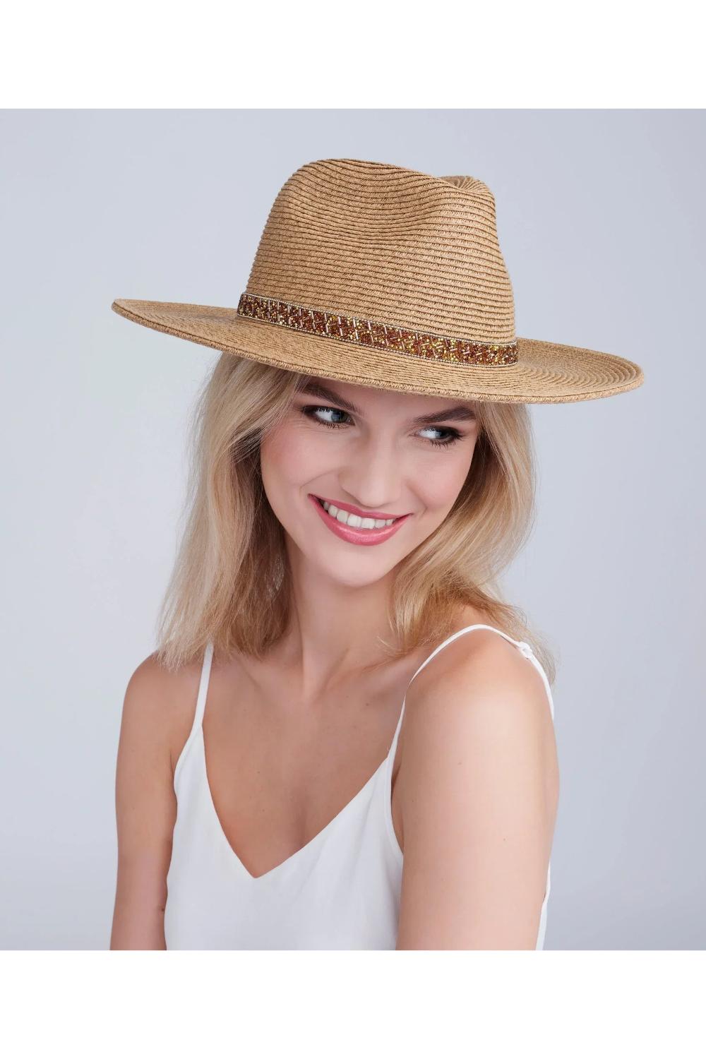 Beige Topaz - Woven Straw Beaded Fedora Hat - Beige, Image 1 of 2
