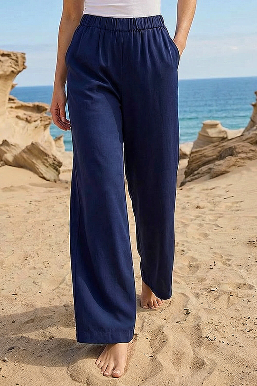 Navy Crepe Elasticated Waist Trouser, Image 4 of 4