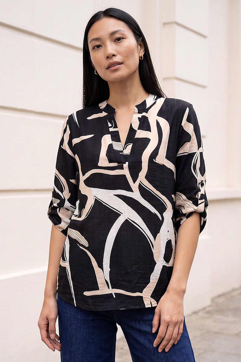 Black Abstract Print V-Neck Top | Roman UK