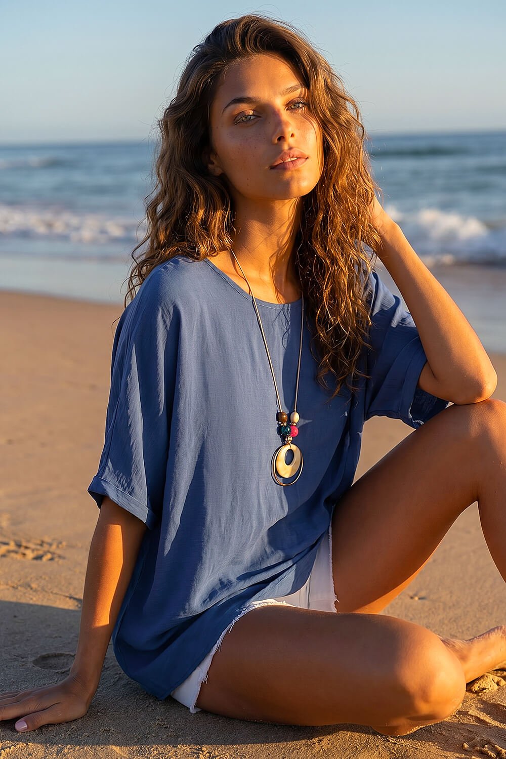 Blue Tunic Top with Necklace, Image 3 of 4