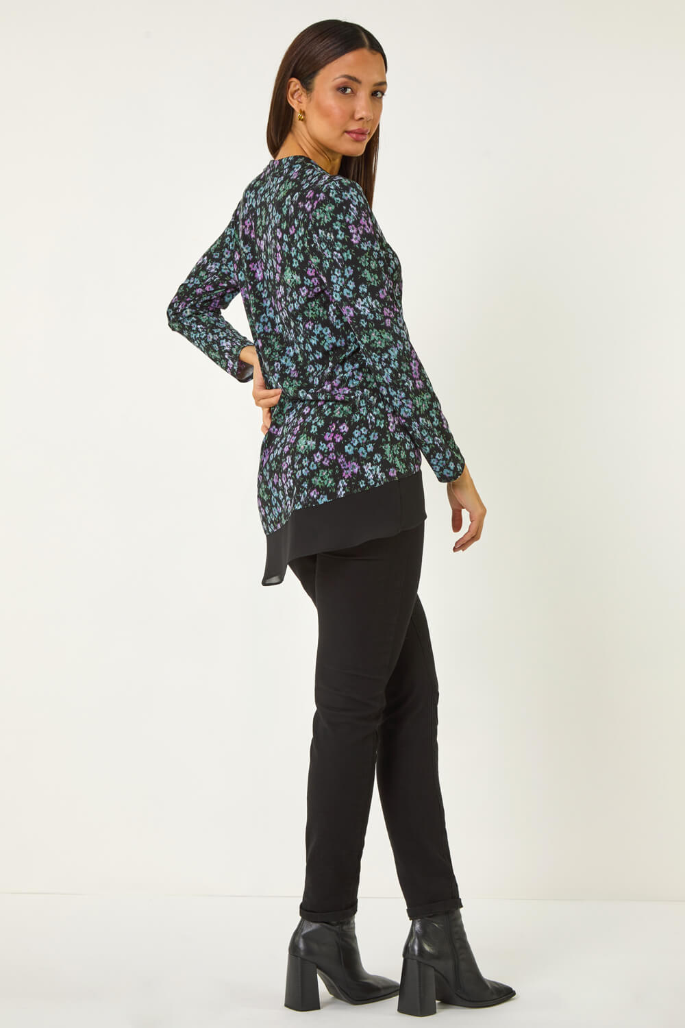 Black Floral Print V-Neck Tunic Top, Image 4 of 5