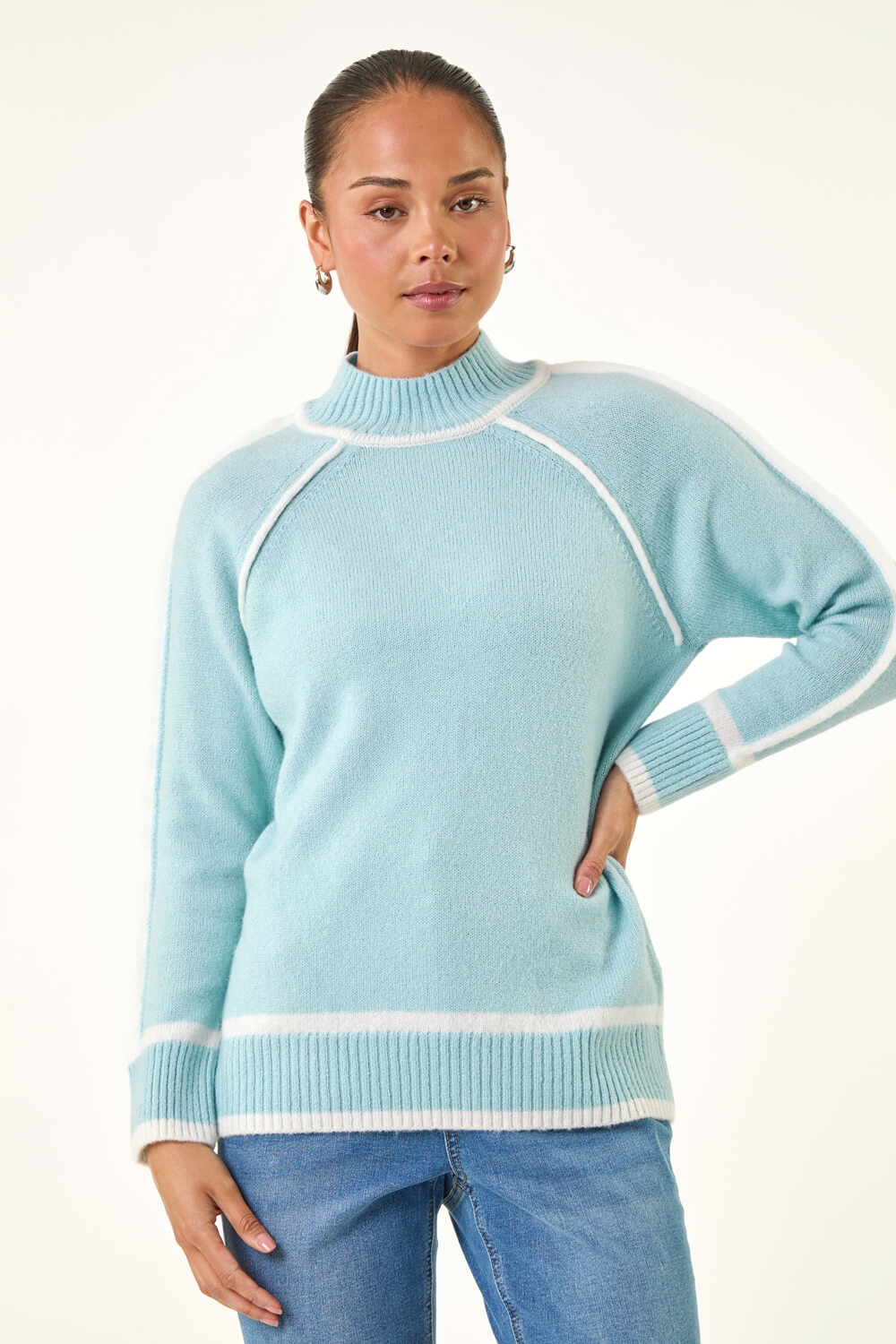 Blue Petite Contrast Ribbed Knit Jumper, Image 5 of 5
