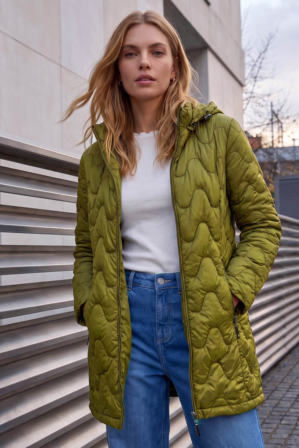 Roman Women's Khaki Hooded Quilted Puffer Coat Size 14