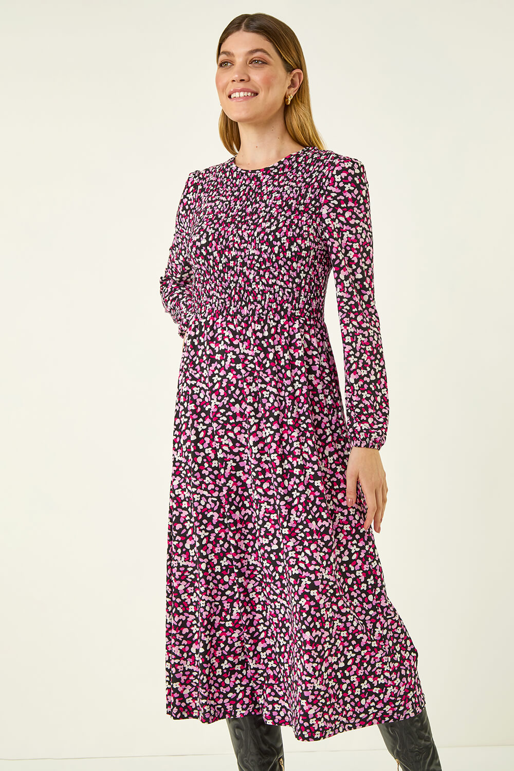 PINK Ditsy Floral Shirred Midi Dress, Image 6 of 7
